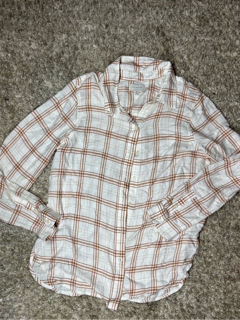 Lucky Brand Plaid Button Down Shirt M Cream Brown Flannel Boyfriend
